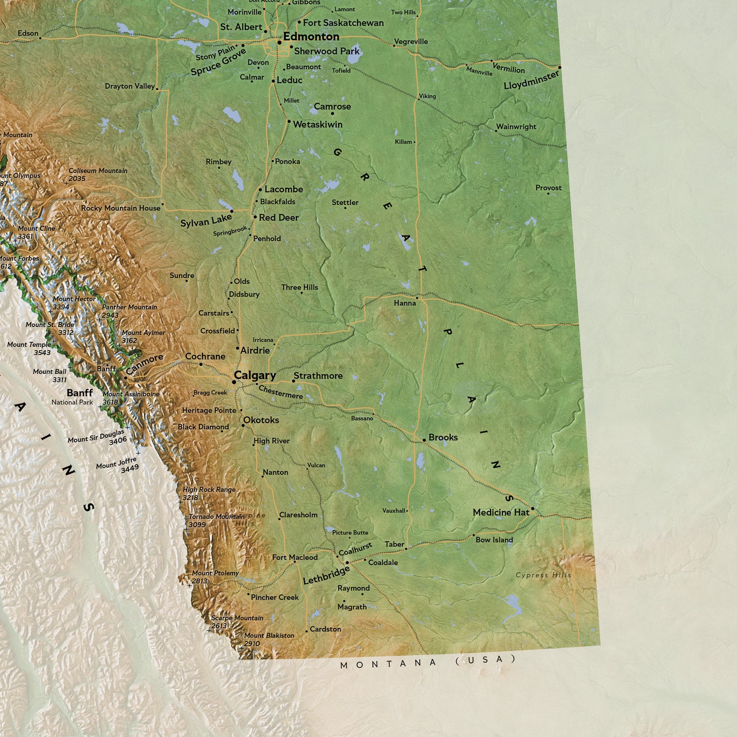 Shaded relief map of Alberta, Canada (50x70 cm)