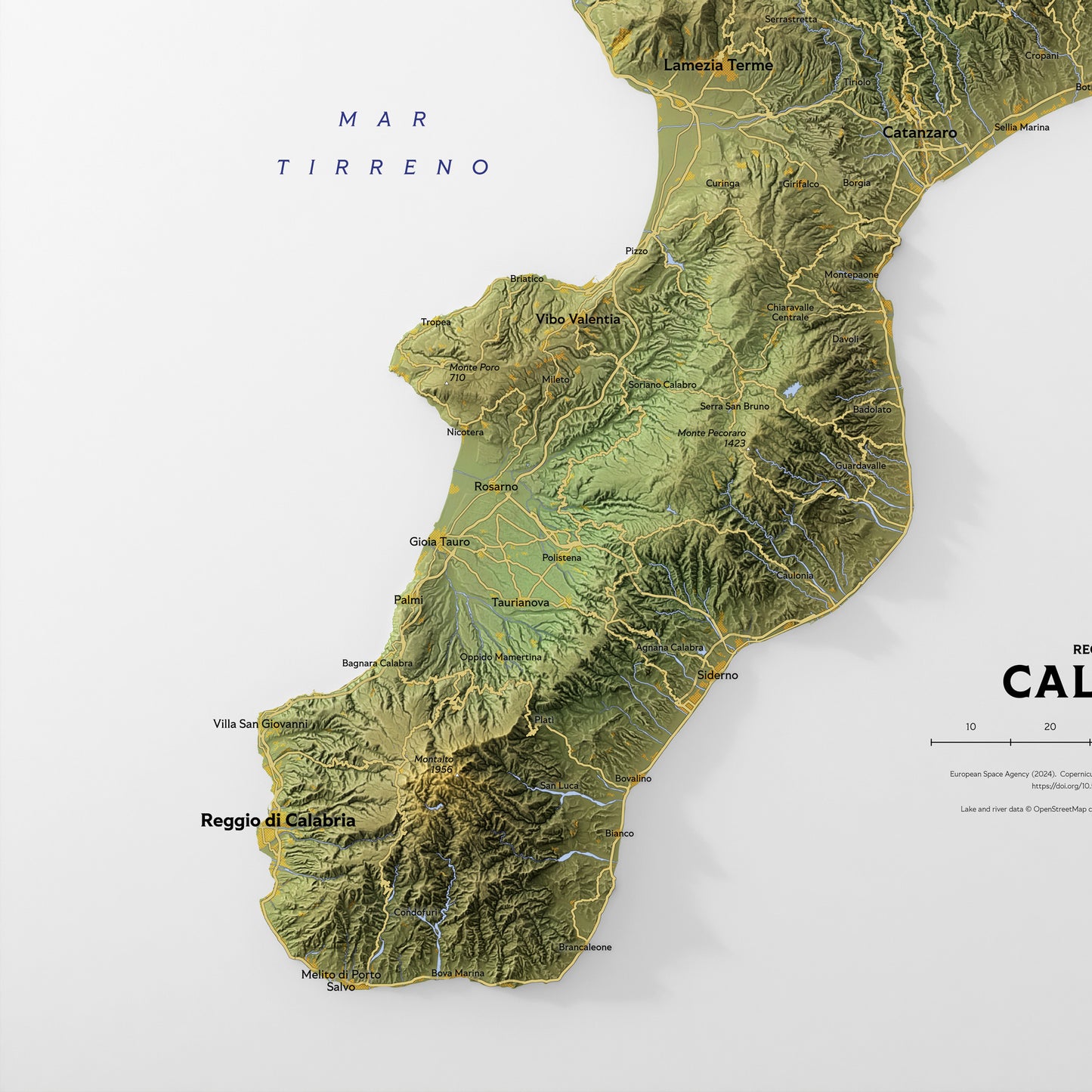Shaded relief map of Calabria