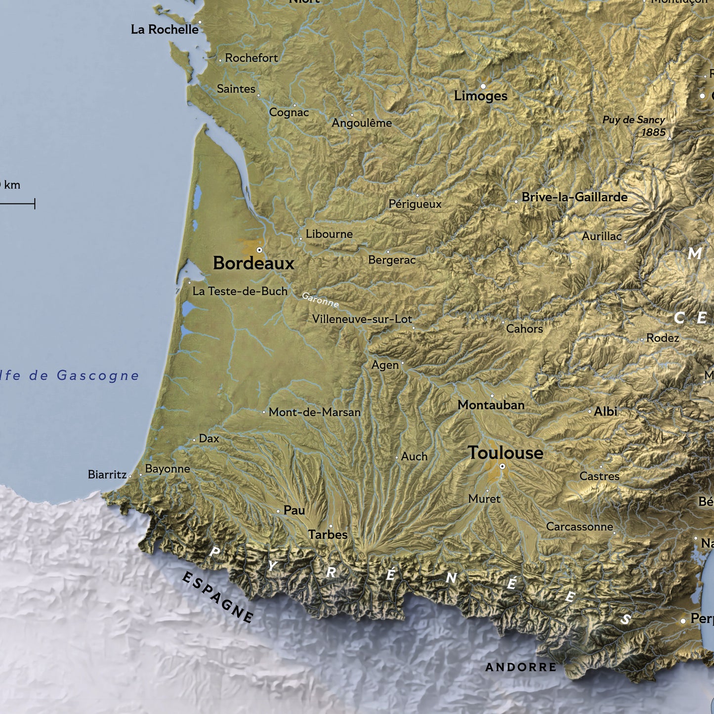 Shaded Relief Map of Metropolitan France (70x50 cm)