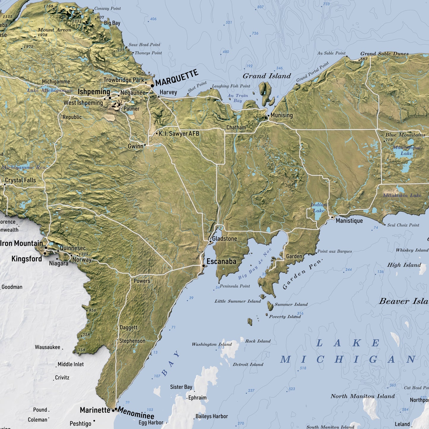 Shaded relief map of Upper Peninsula, Michigan (24x18 inches)