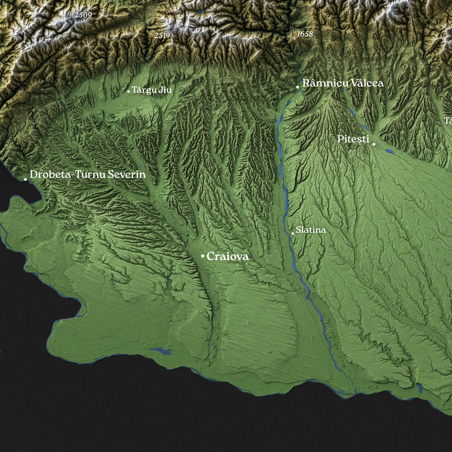 Romania Topographic Relief Map – Dark Edition Wall Art (2D Print)
