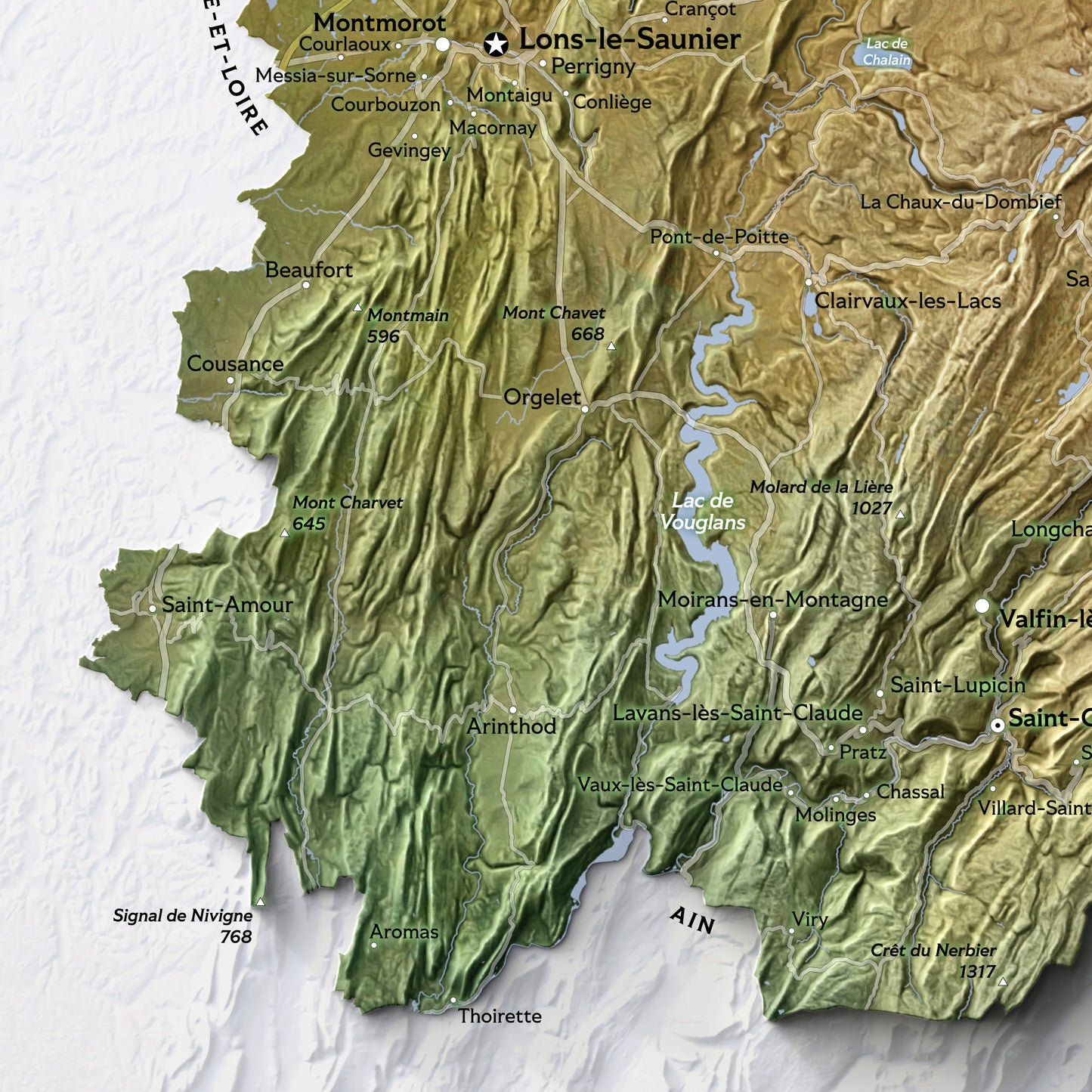 Shaded relief map of Jura department, France (420x594 mm)