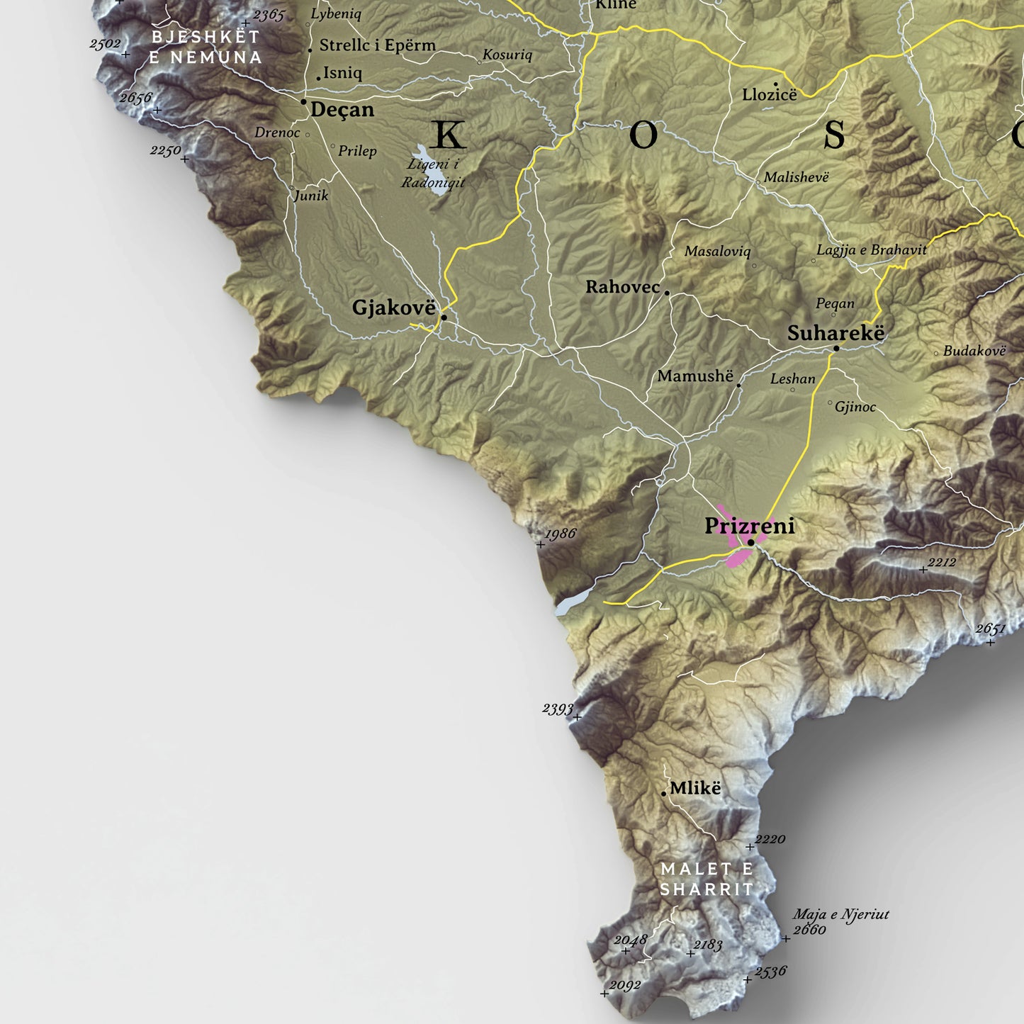 Shaded relief map of Kosovo (18x18 inches)