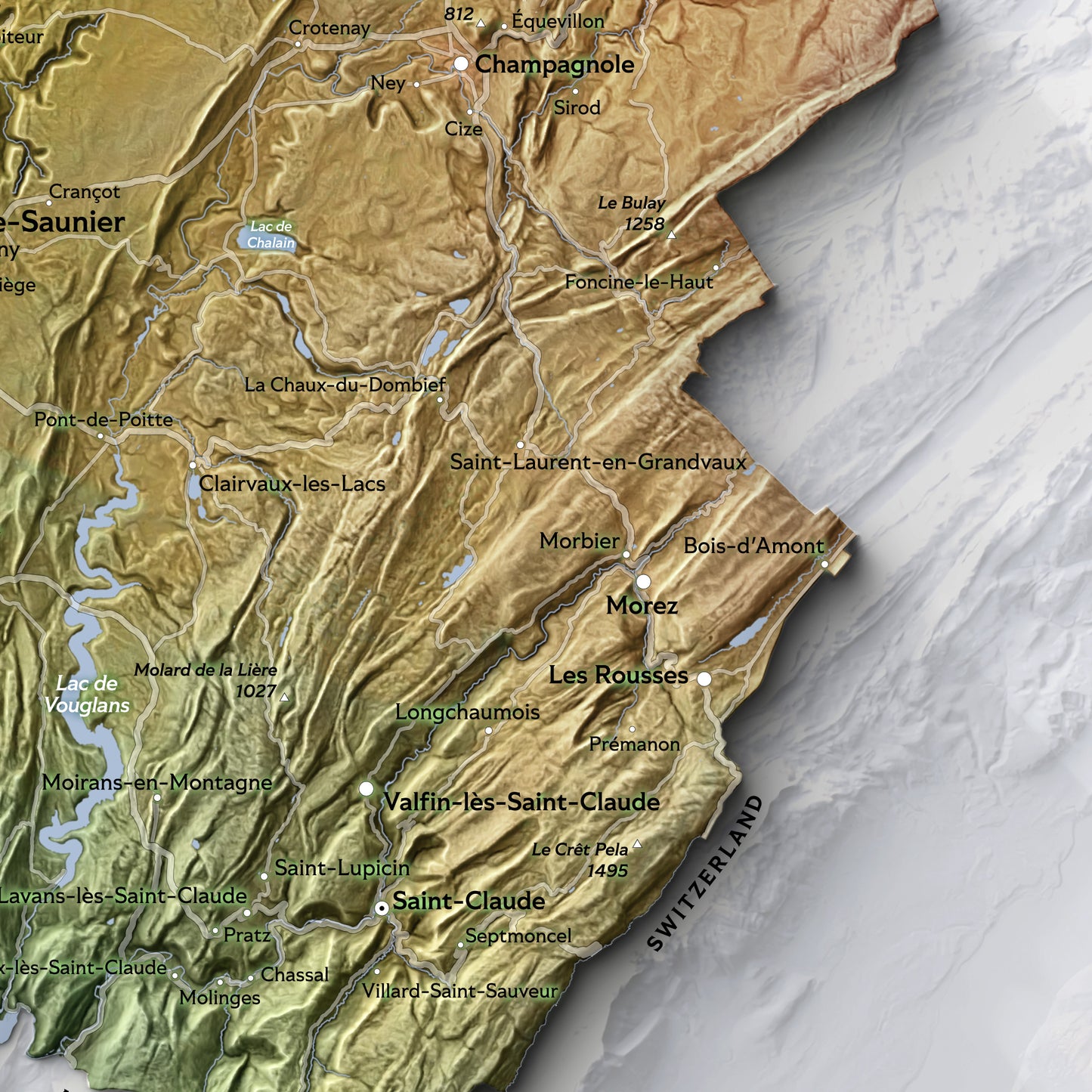 Shaded relief map of Jura department, France (420x594 mm)