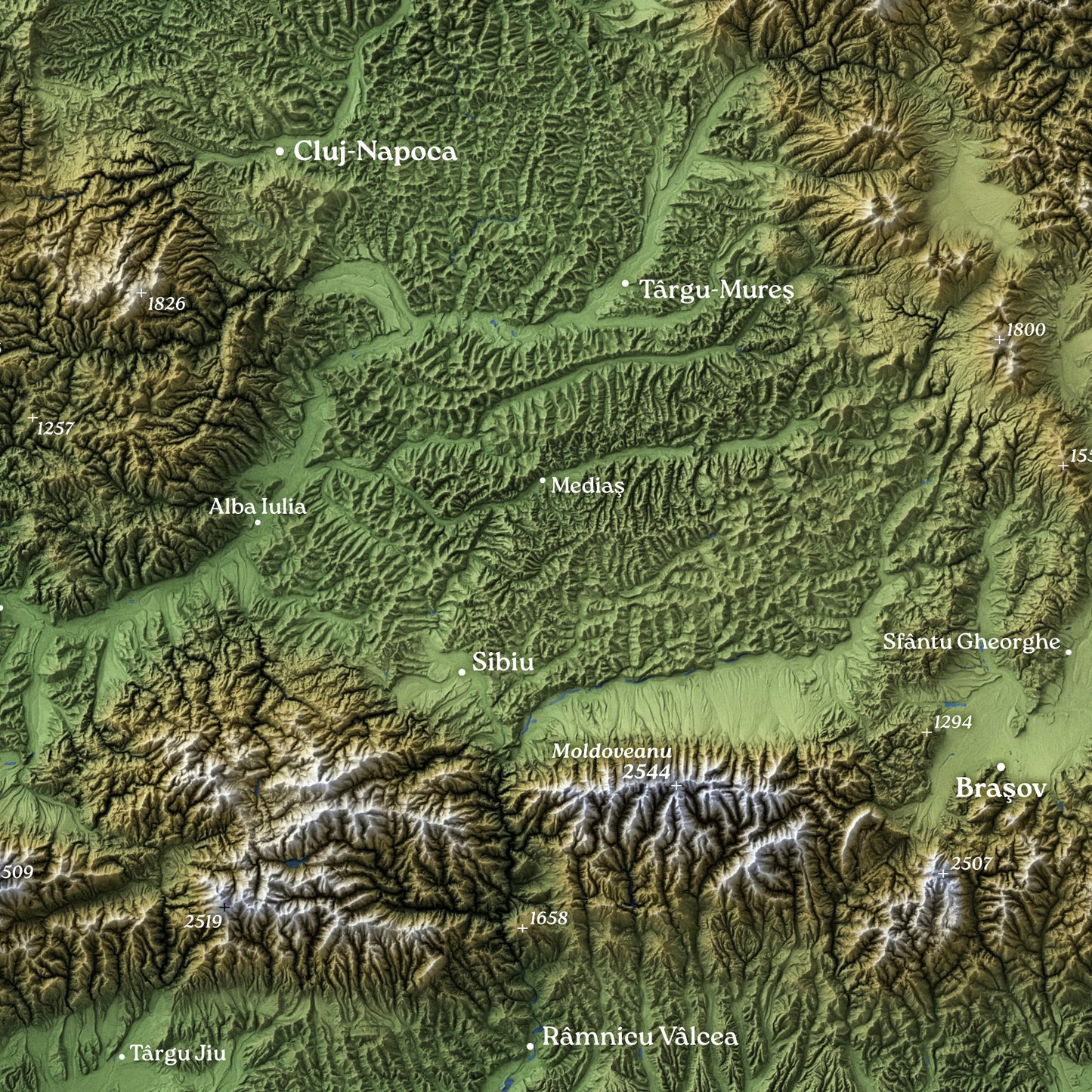 Romania Topographic Relief Map – Dark Edition Wall Art (2D Print)