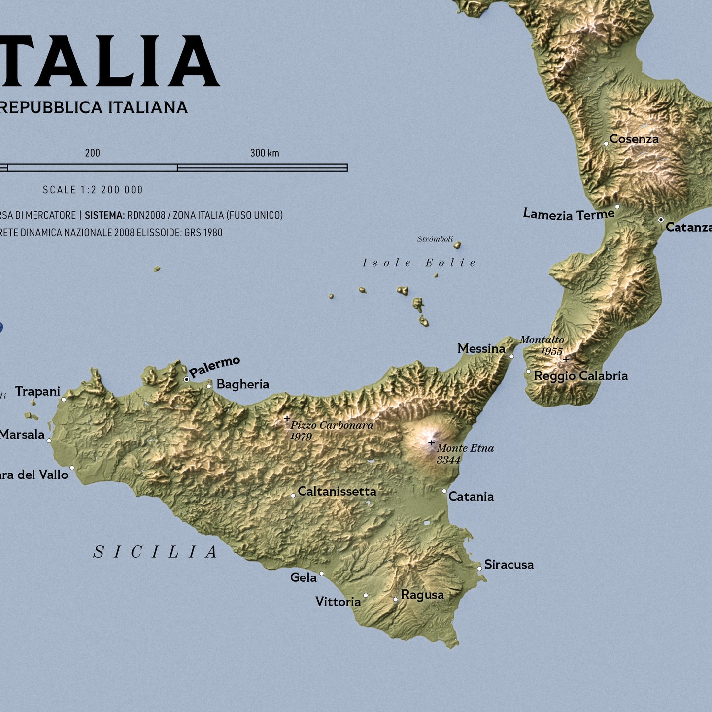 Shaded relief map of Italy (Italian language version)