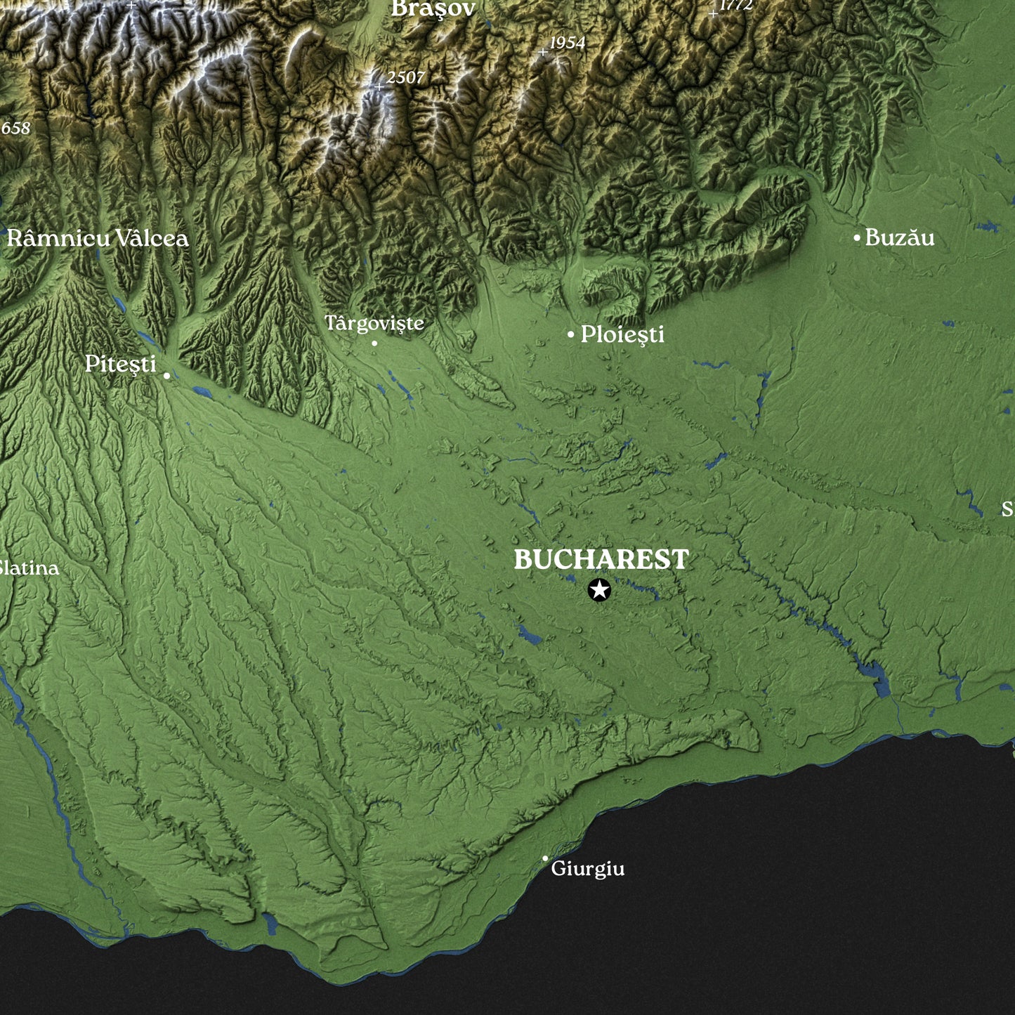 Romania Topographic Relief Map – Dark Edition Wall Art (2D Print)