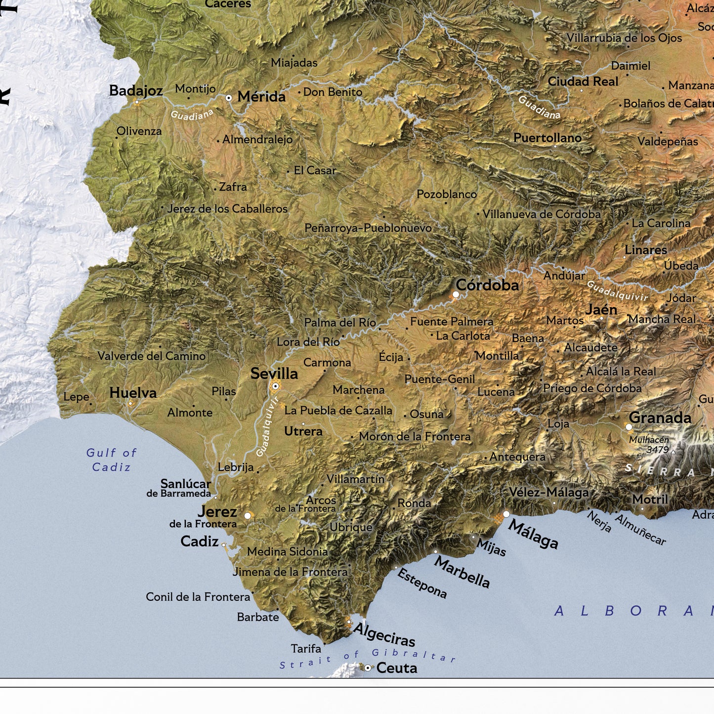 Shaded relief map of Spain (70x50 cm)