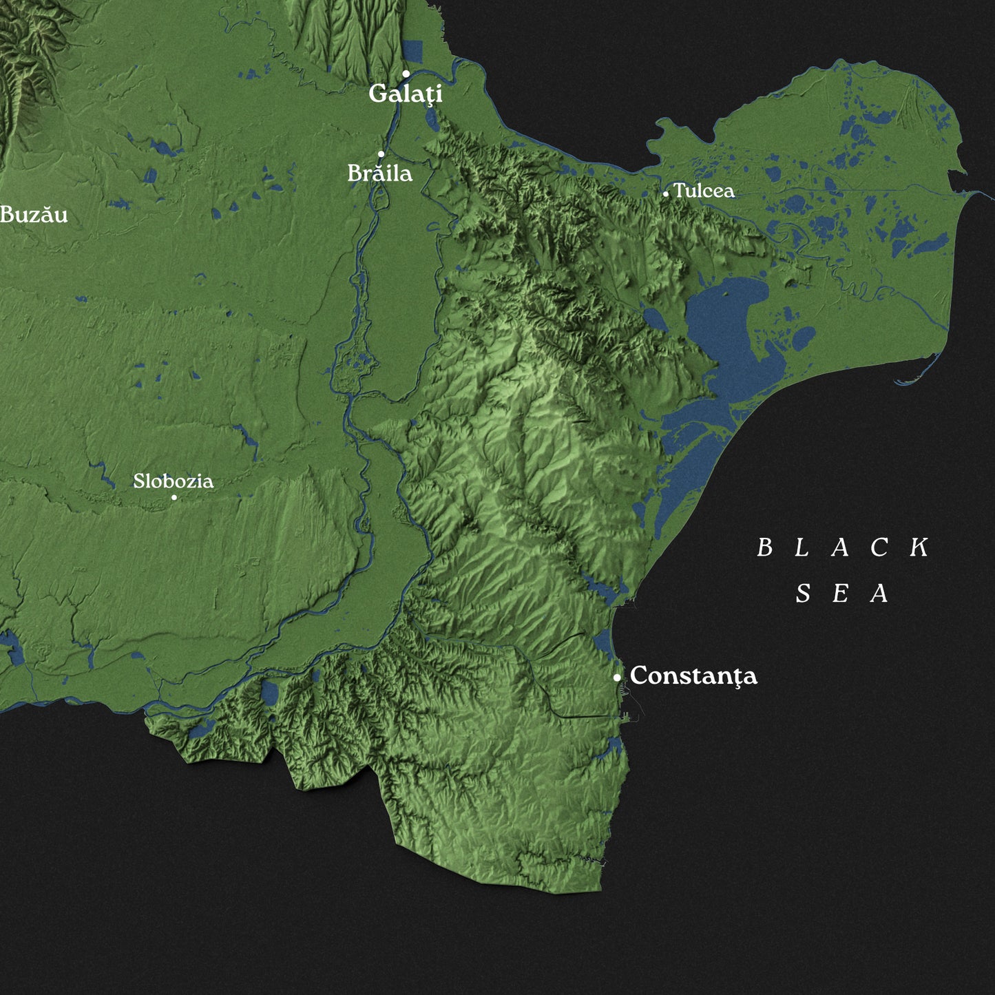 Romania Topographic Relief Map – Dark Edition Wall Art (2D Print)