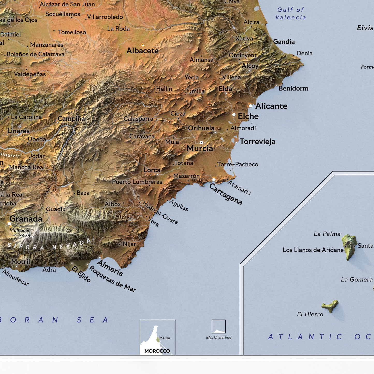 Shaded relief map of Spain (70x50 cm)